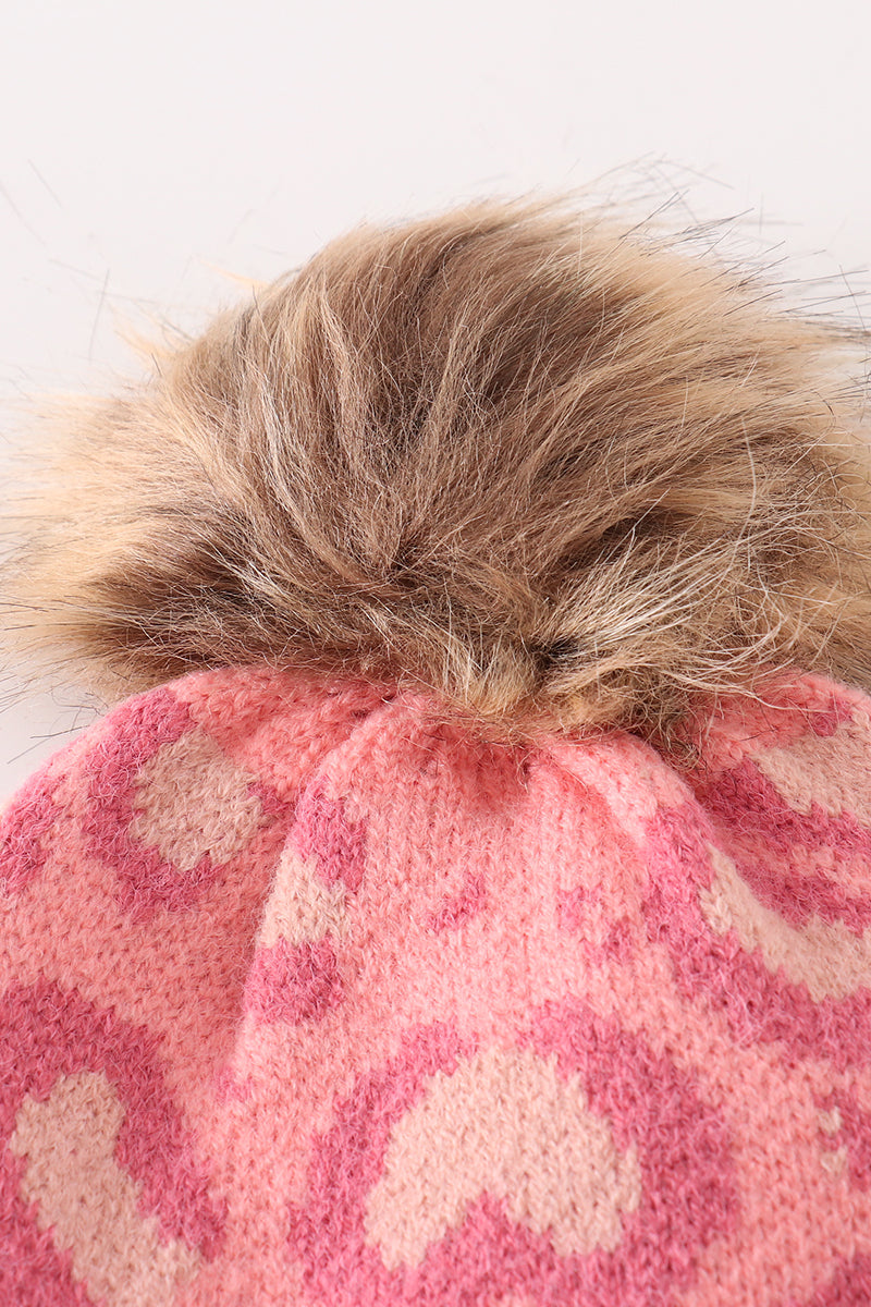 Pink pompom leopard cable beanie hat