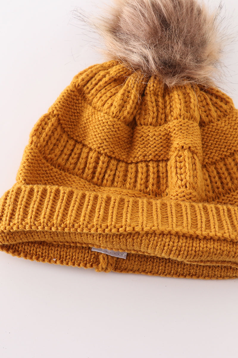 Mustard pompom cable beanie hat