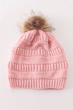 Pink pompom cable beanie hat