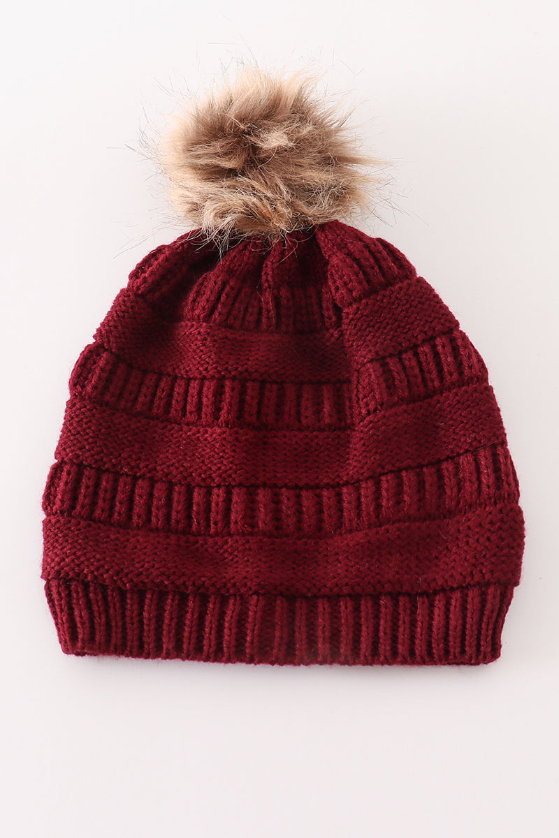 Burgundy pompom cable beanie hat
