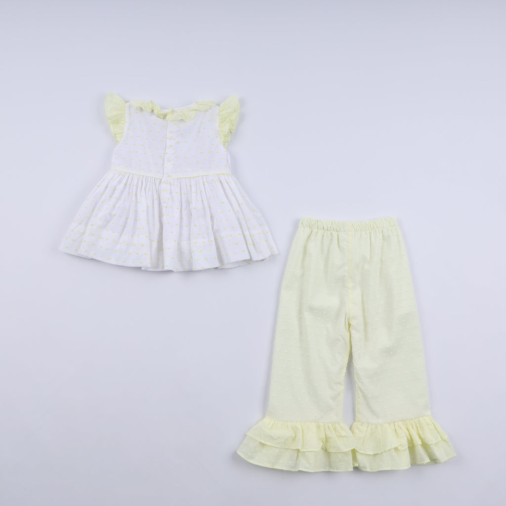 Mustard character hand smocked ruffle pants set