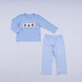 Blue gingerbread hand smocked gingham pants set