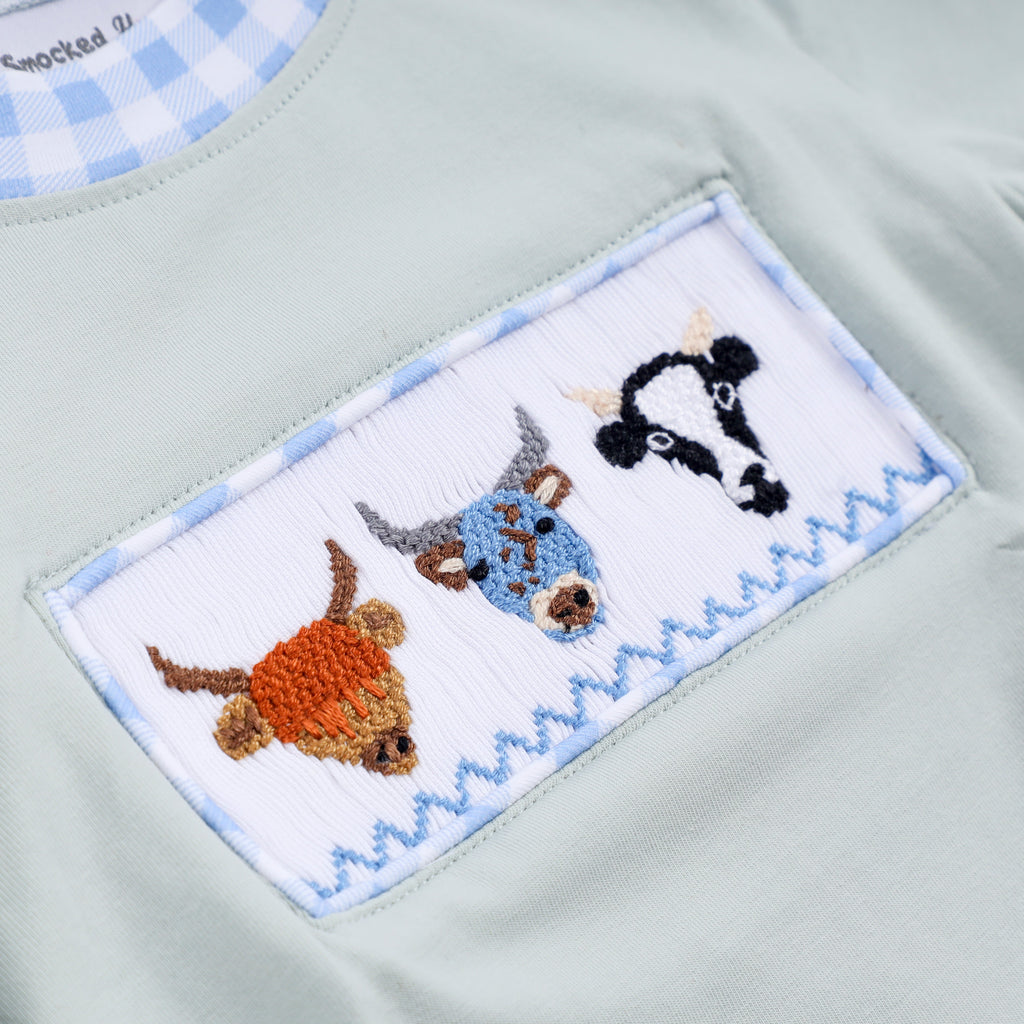 Sage cow hand smocked bubble