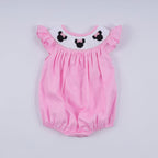 Pink character hand smocked dot ruffle bubble