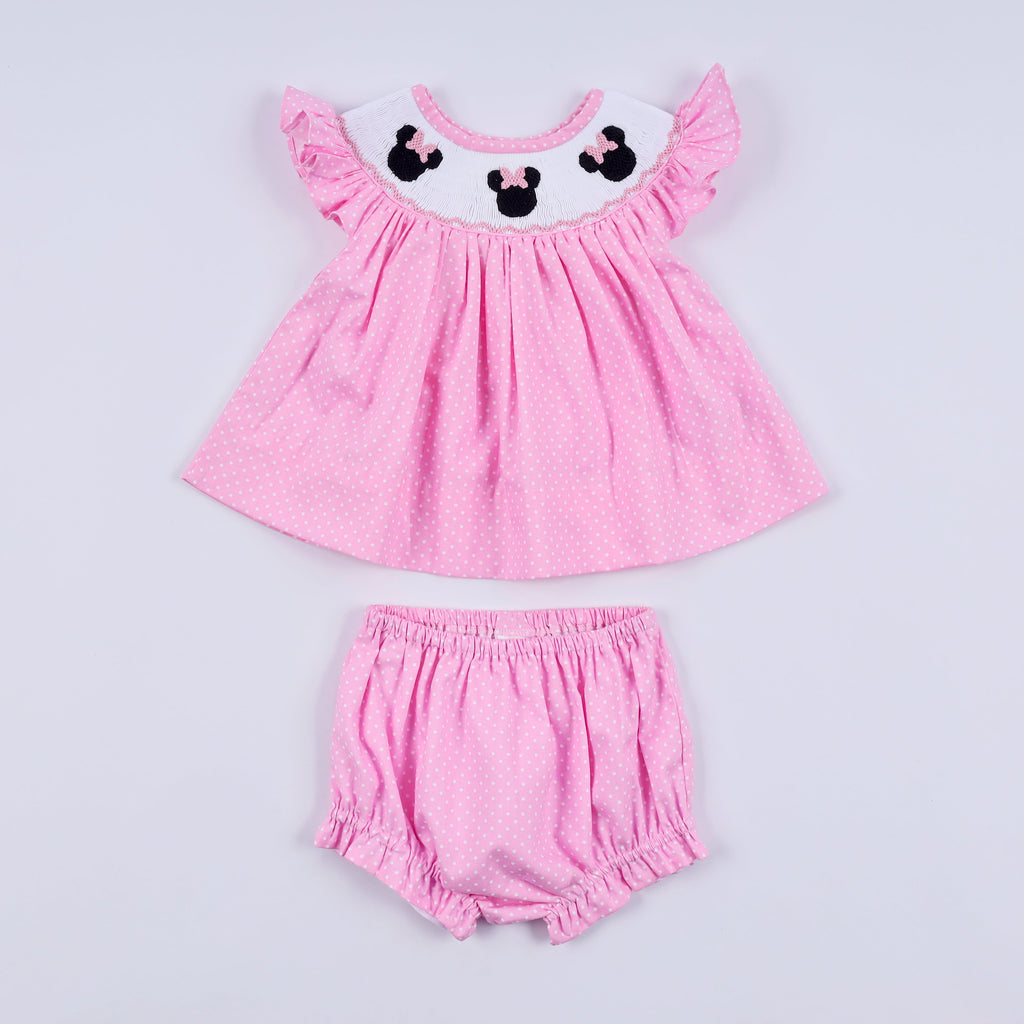 Pink character hand smocked dot ruffle bloomer set