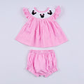 Pink character hand smocked dot ruffle bloomer set