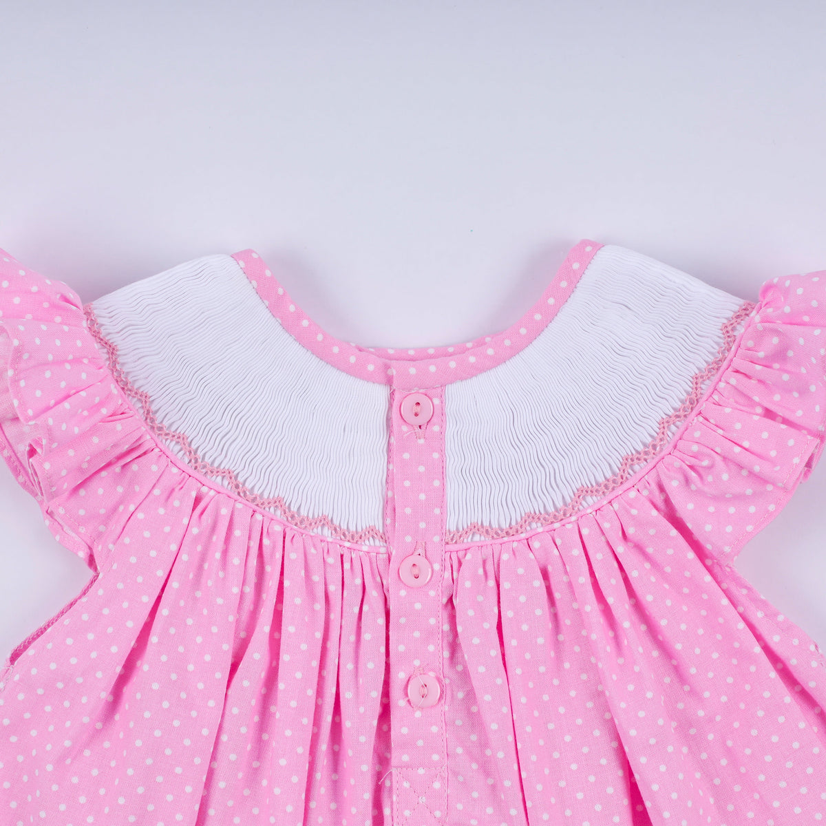 Pink character hand smocked dot ruffle bloomer set