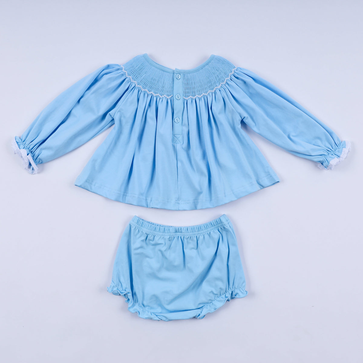 Blue nativity hand smocked bloomer set