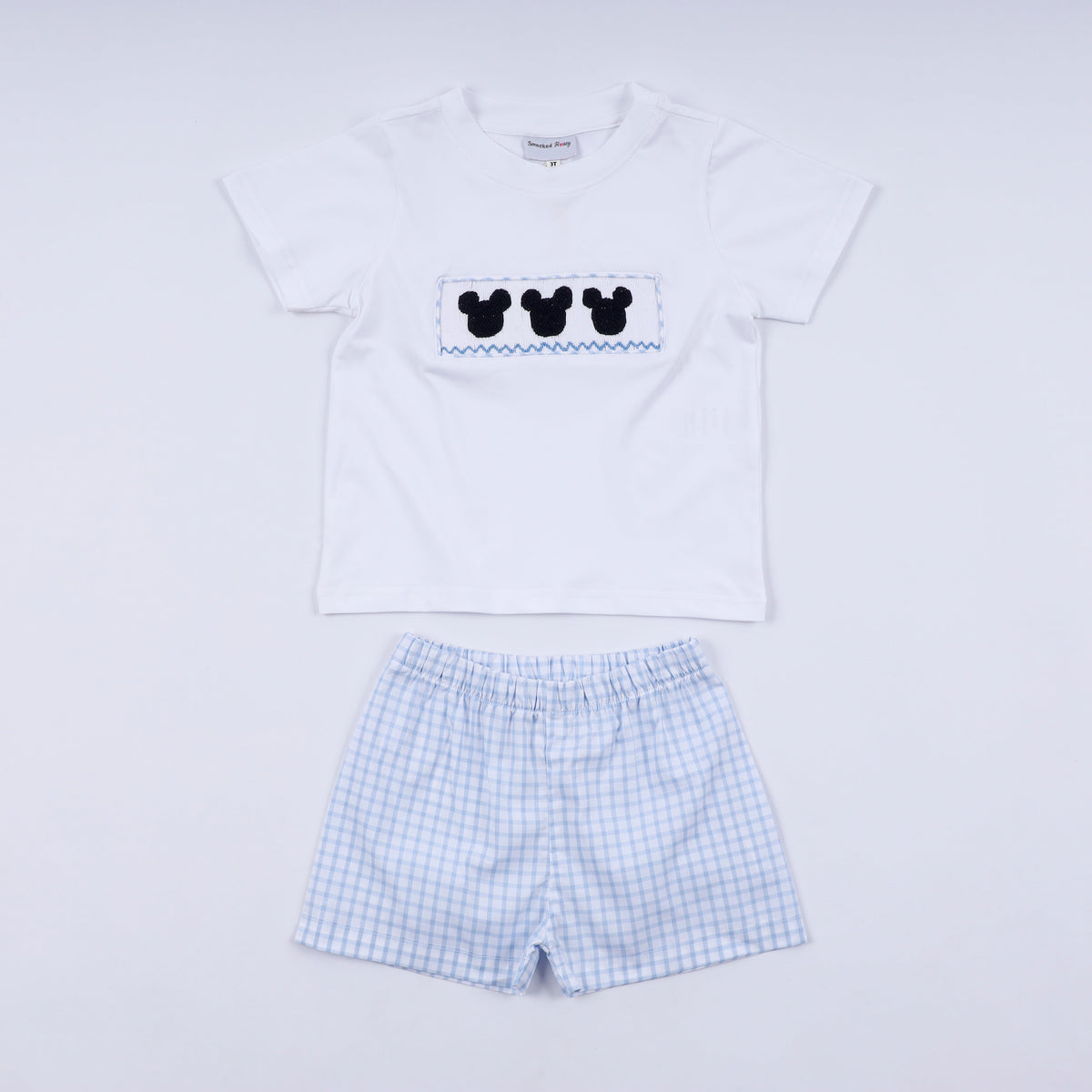 Blue character hand smocked gingham shorts set