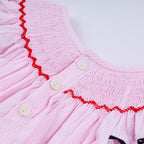 Red character hand smocked plaid ruffle bubble
