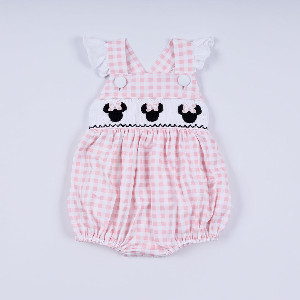 Pink character hand smocked gingham ruffle bubble