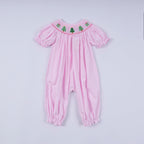 Pink christmas tree hand smocked ruffle romper