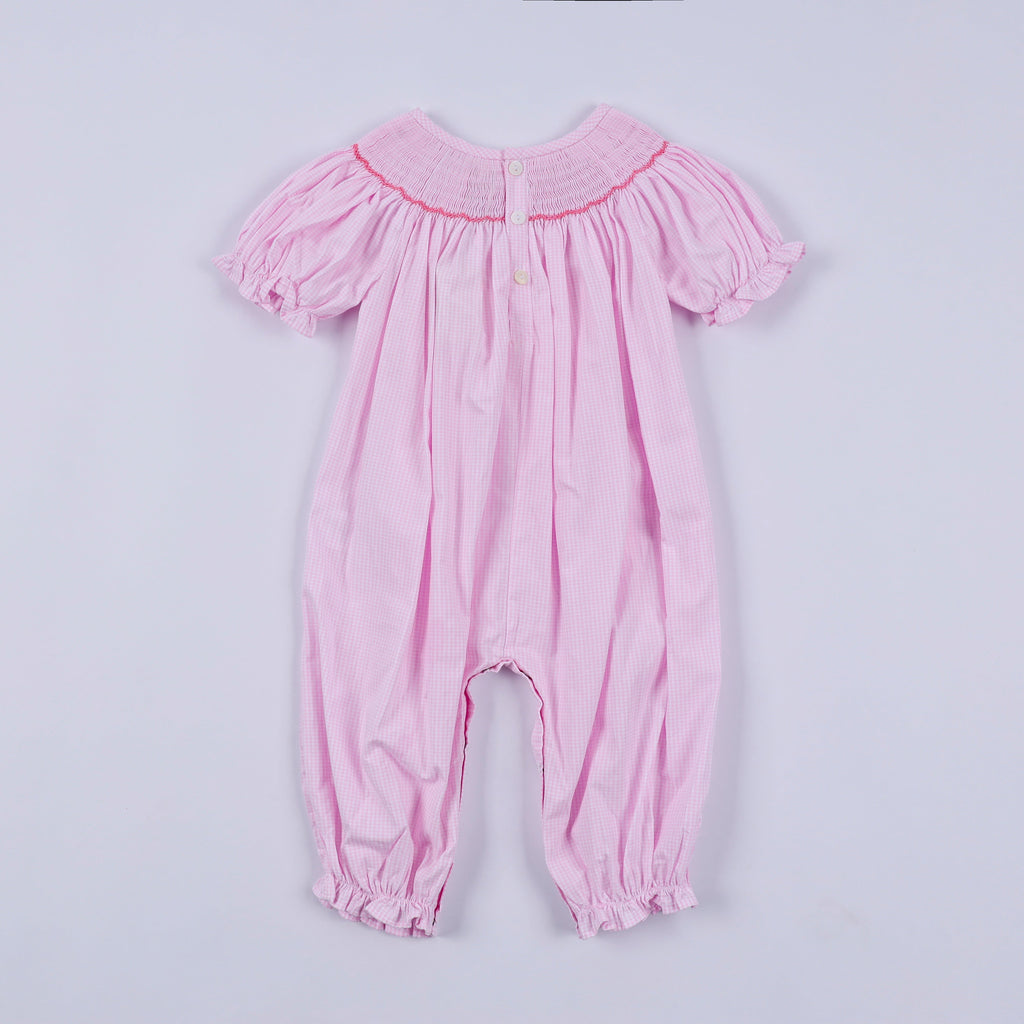 Pink christmas tree hand smocked ruffle romper