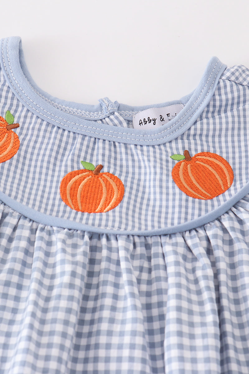 Blue woven check pumpkin embroidery girl set