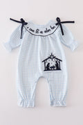 Navy plaid nativity embroidery girl romper