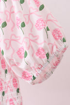 Pink bow hydrangea smocked women dress