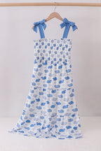 Blue whale smocked ruffle mom&me dress