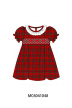Red Plaid Bow Smocked Ruffe Dress