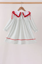 Sage santa applique gingham ruffle stripe dress