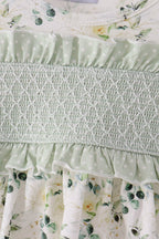 Sage floral smocked ruffle bubble