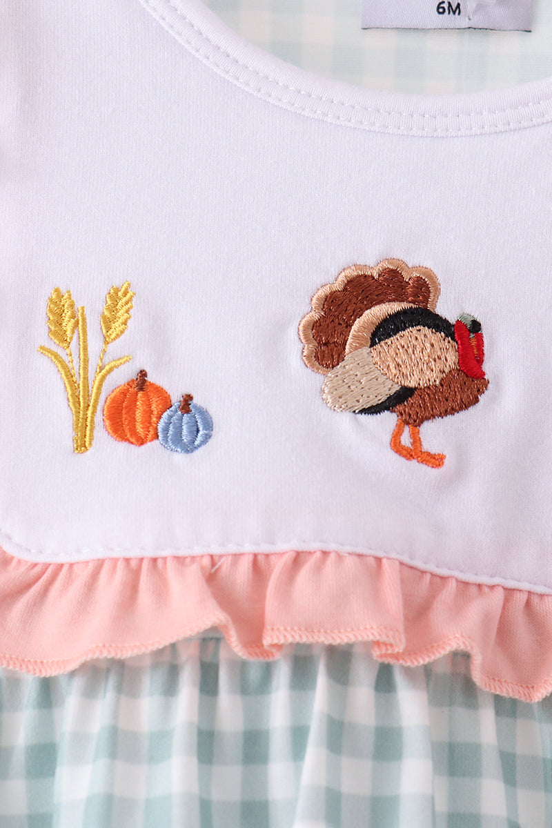 Sage Turkey Embroidery Ruffle Gingham Bubble