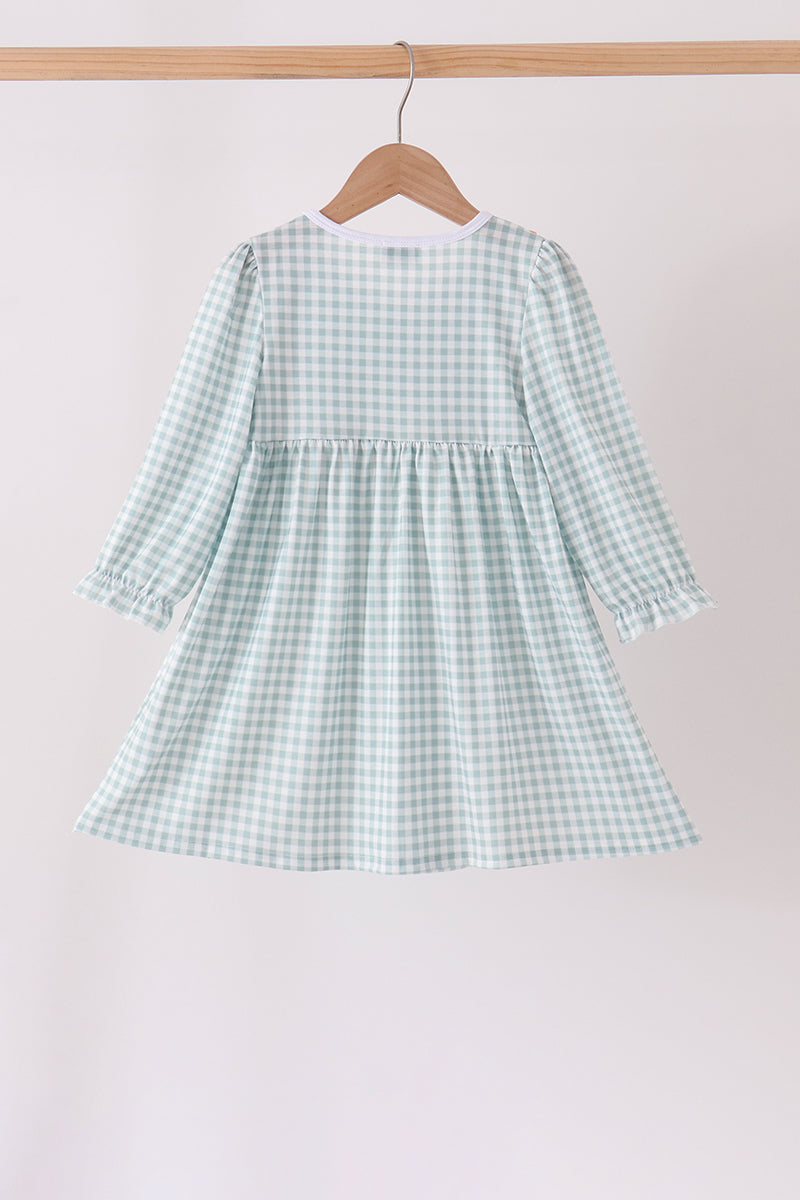 Sage Turkey Embroidery Gingham Ruffle Dress