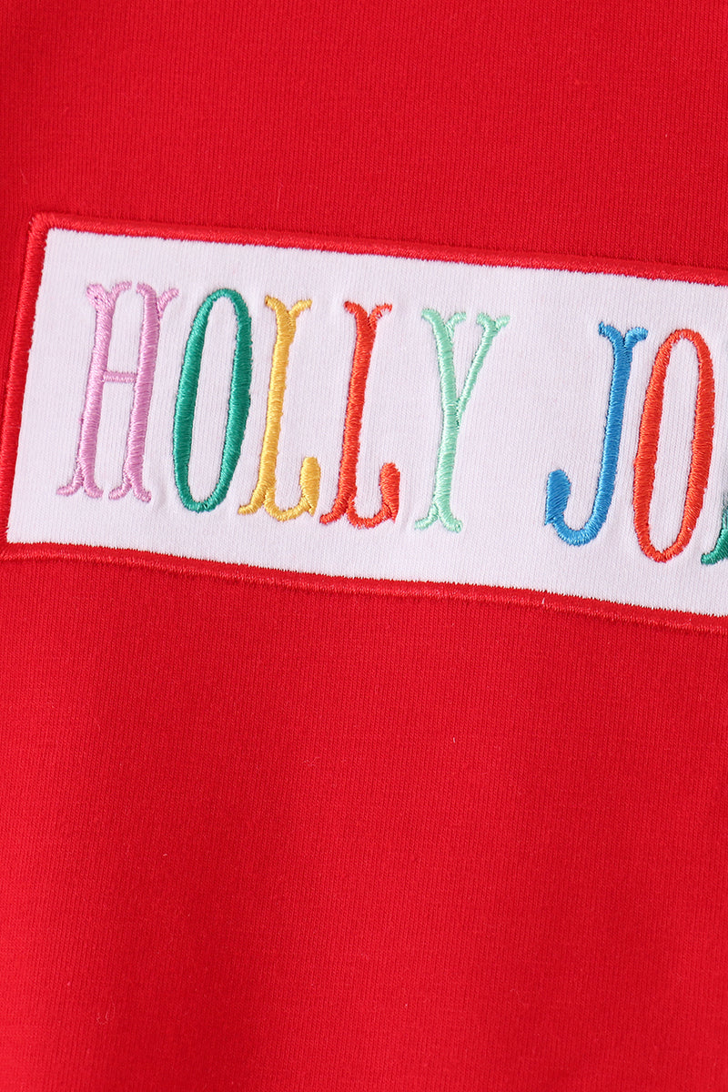 Red Holly Jolly Embroidery Plaid Pants Set