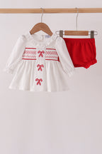 White Candy Cane Smocked polka dot Bloomer Set