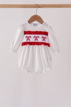 White Candy Cane Smocked polka dot Bubble