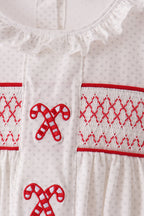 White Candy Cane Smocked polka dot Ruffle Pants Set