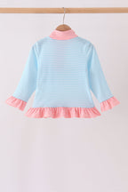 Blue Stripe Princess Embroidery Ruffle Pullover