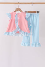 Pink Princess Embroidery Stripe Ruffle Pants Set