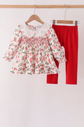 Red Holly Bow Smocked Lace Ruffle Pants Set