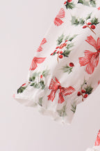 Red Holly Bow Smocked Lace Ruffle Pants Set