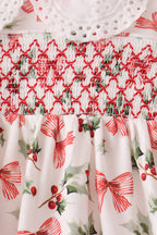 Red Holly Bow Smocked Lace Ruffle Pants Set