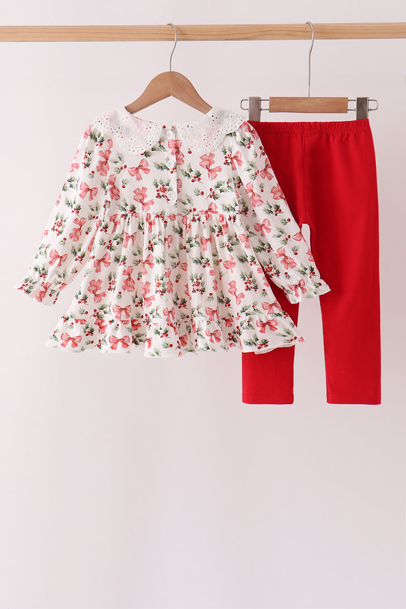 Red Holly Bow Smocked Lace Ruffle Pants Set