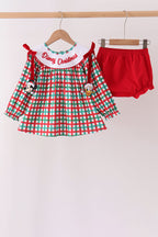 Red Character Embroidery Gingham Bloomer Set