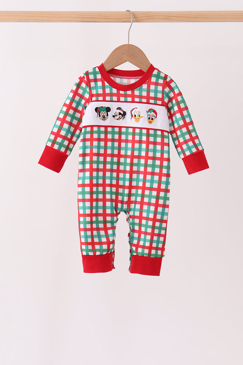 Red Character Embroidery Gingham Romper