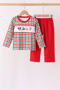 Red Character Embroidery Gingham Pants Set