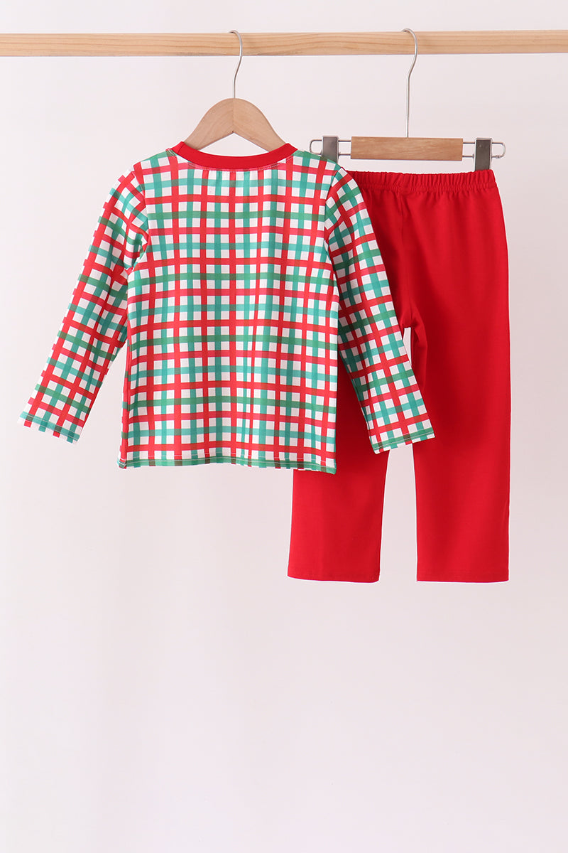 Red Character Embroidery Gingham Pants Set
