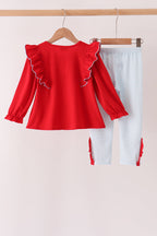 Red Reindeer French Knot Ruffle Pants Set
