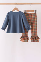 Blue Nativity Embroidery Ruffle Pants Set