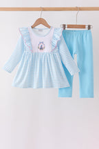 Blue Castle Embroidery Ruffle Pants Set
