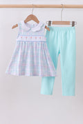Blue plaid bow floral pants set