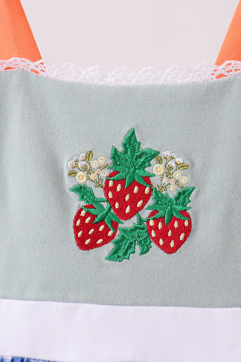 Sage strawberry embroidery ruffle gingham bloomer set