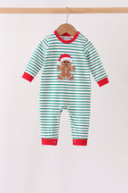 Green stripe gingerbread embroidery romper