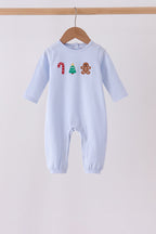 Blue christmas tree gingerbread embroidery stripe romper