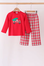 Red christmas tree truck embroidery plaid pants set