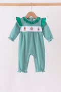Green gingerbread embroidery stripe ruffle romper