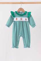 Green gingerbread embroidery stripe ruffle romper